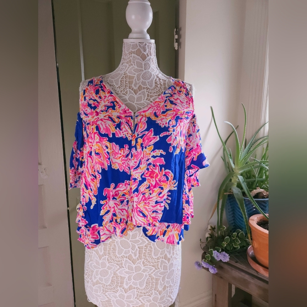 Lilly Pulitzer Bellamie Top Shirt Blue It's Electric Cold Shoulder Blouse Size S